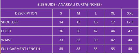 Anarkali Kurta Size Chart – Maybell Womens Fashion