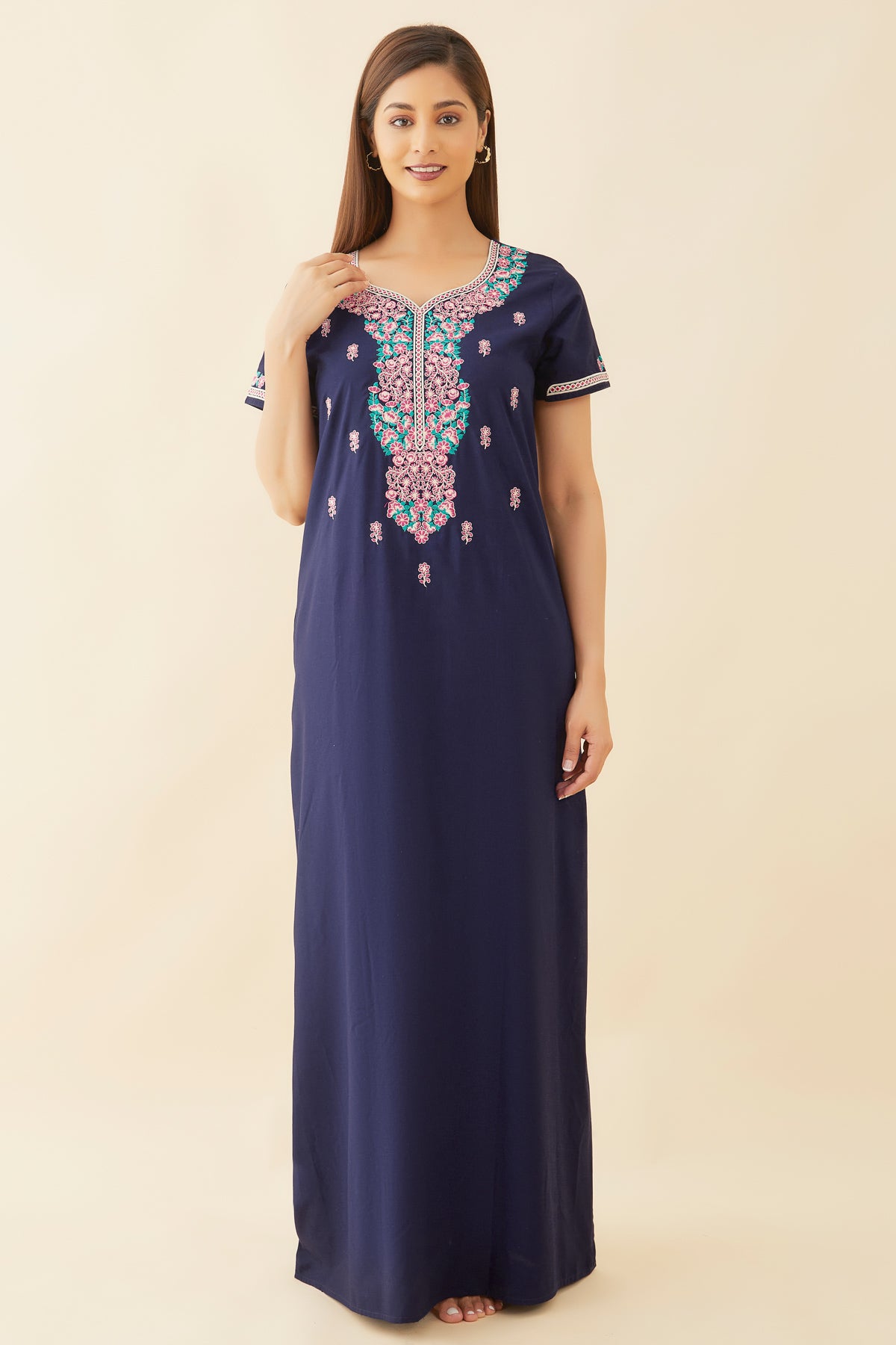 Contrast Floral Embroidered Yoke Nighty - Navy