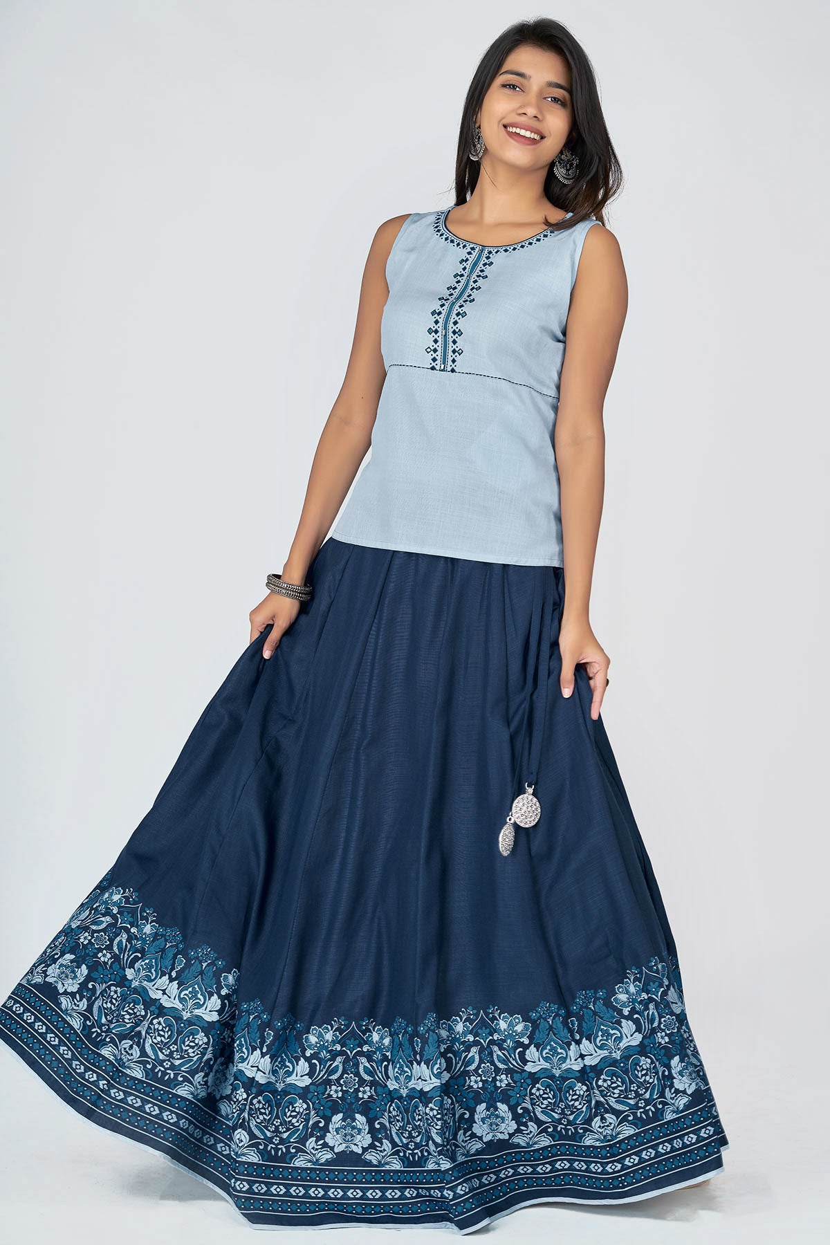 Mirror Embroidered Top & Cuckoo Printed Women's Skirt Set - Ice Blue & Navy Blue