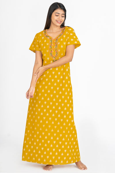 All Over Ikkat Print With Contrast Floral Embroidered Yoke Nighty - Mustard