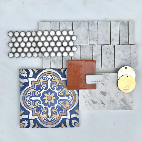 a flay lay mood board with white, grey and multicolour tiles