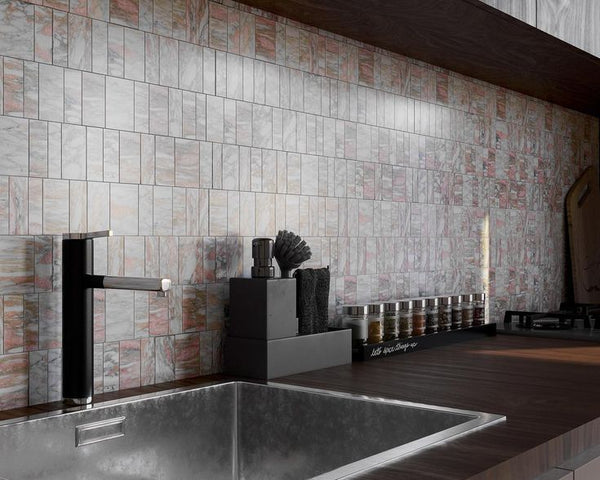 velvet red stone mosaic kitchen splashback with modern design