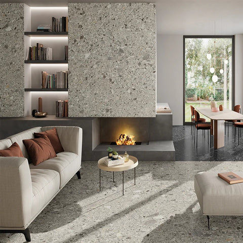 living room with grey terrazzo tiles flooring and walls