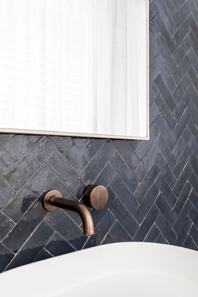 dark blue colour Subway tiles ceramic in minimalist bathroom design