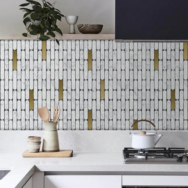 kitchen splashback with white and gold natural stone mosaics