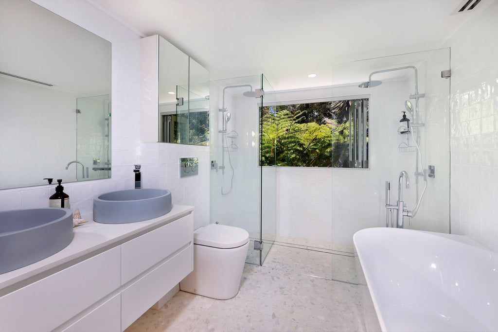 bathroom with porcelain terrazzo tiles on the floor and neutral colour tone