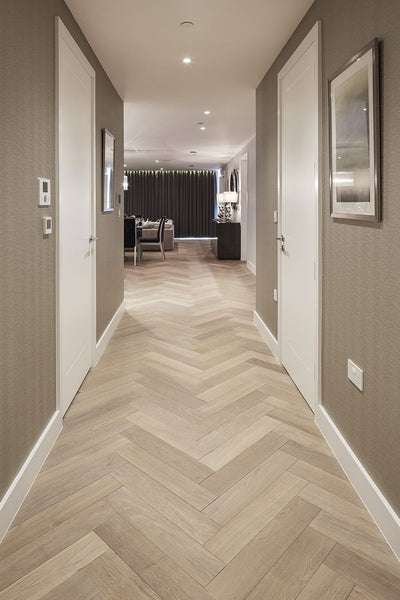 hallway with herringbone timber-look porcelain tiles flooring 