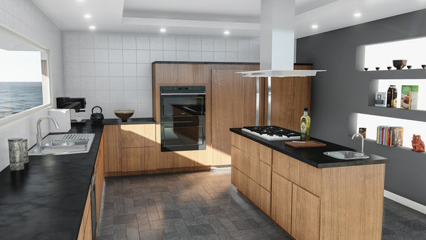 a sleek-looking kitchen design with grey flooring tiles and white ceramic wall tiles.