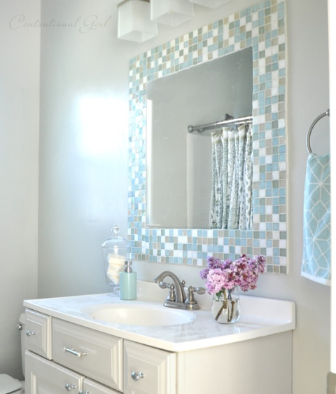 DIY mosaic mirror with blue tiles 