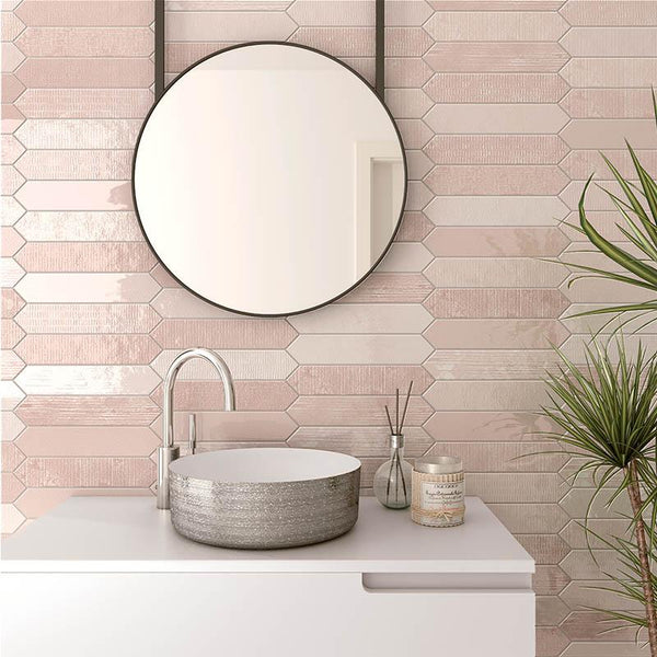 a bathroom wall with pink picket tiles