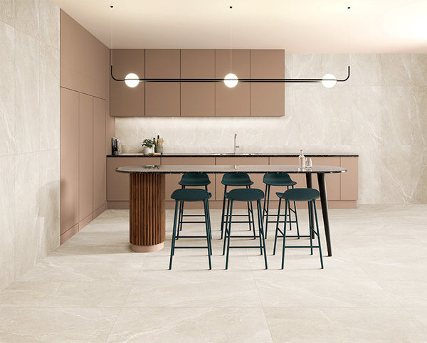 minimalist kitchen with limestone-look porcelain flooring and walls