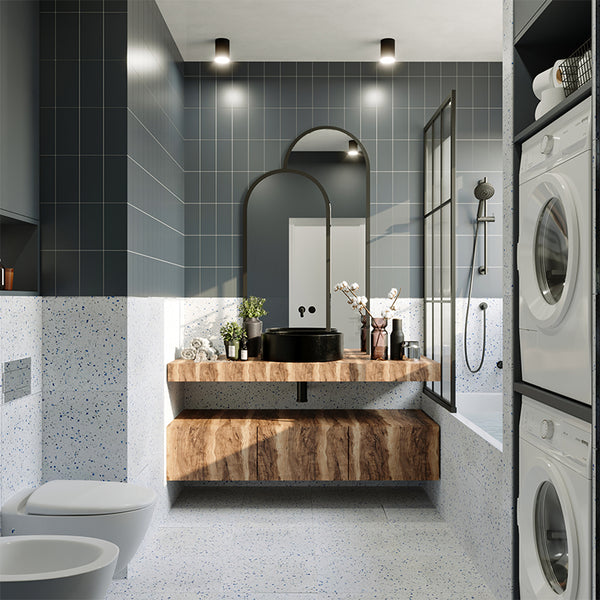 modern bathroom with grey terrazzo tiles on the floor