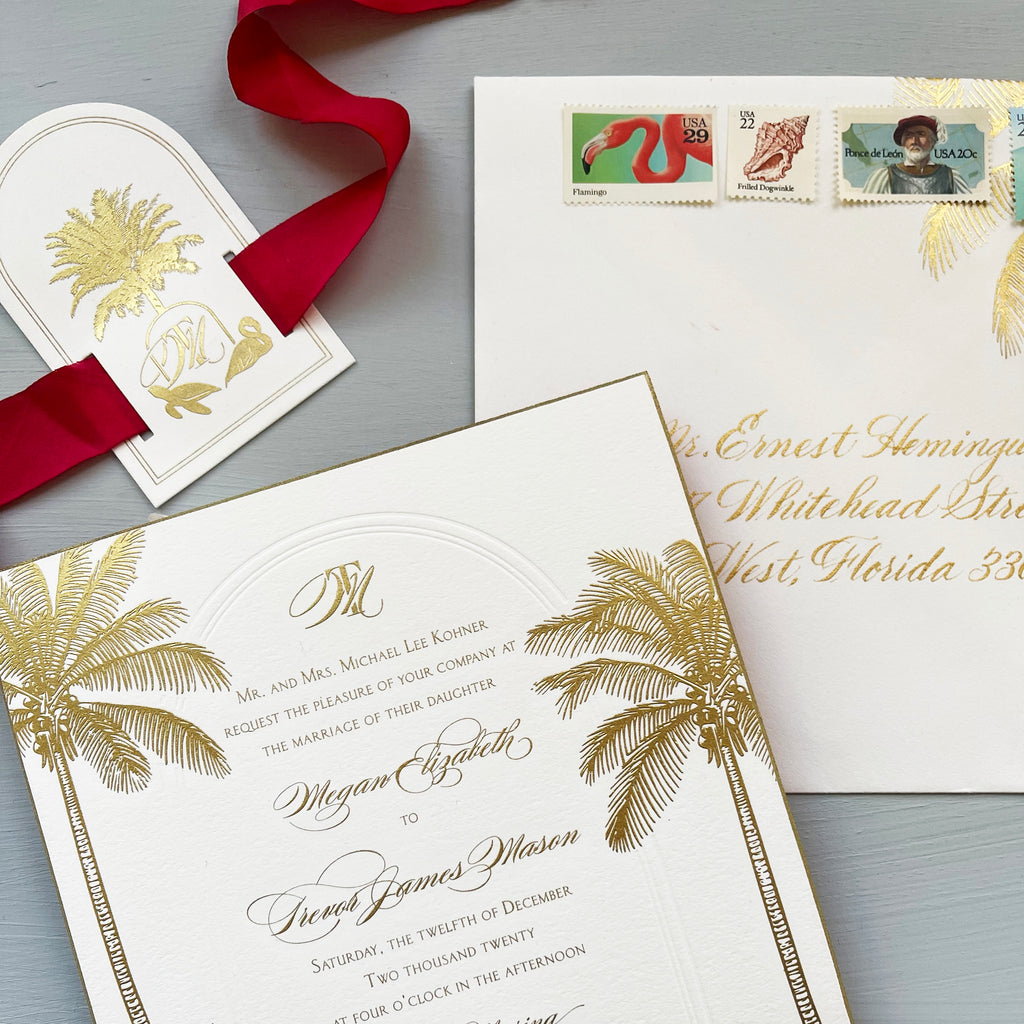 Square Wedding Invitation Luxury Gold Calligraphy Beach Destination
