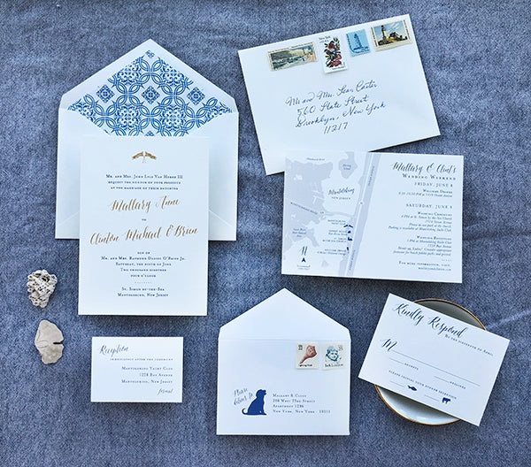 Blue and Gold Letterpress Wedding Invitations East Coast Beach