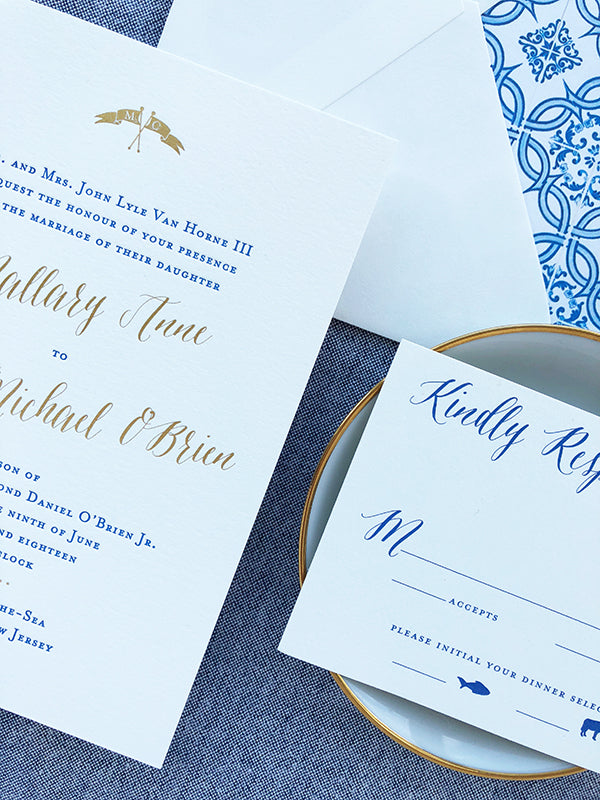 Blue and Gold Letterpress Wedding Invitations East Coast Beach