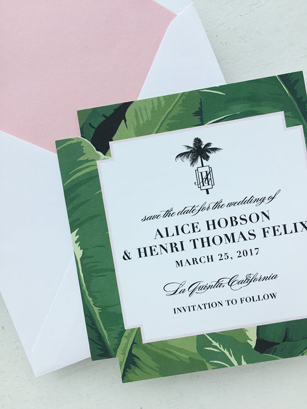 Palm Springs Save the Date Banana Leaf Border Pink Green Monogram Square Envelope