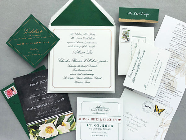 Winter Wedding Letterpress Green and Copper Foil