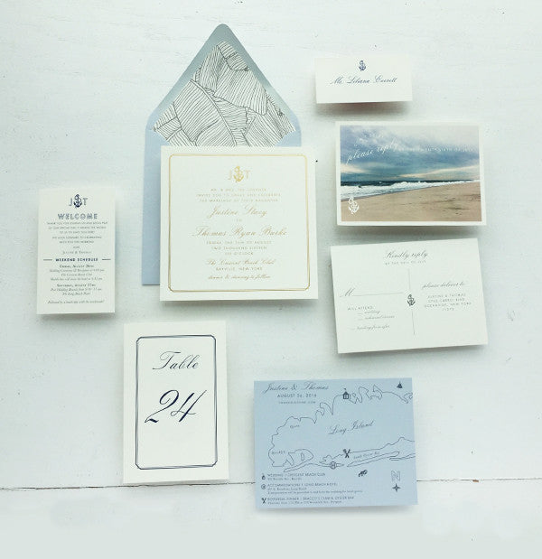 Gold and Dusty Blue Nautical Wedding Invitations Long Island Hamptons Beach