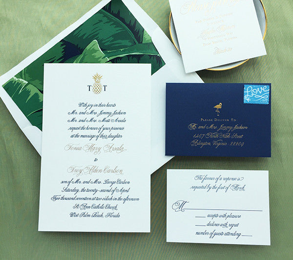 Banana Leaf West Palm Beach Formal Wedding Invitation Foil Navy