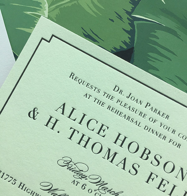 Pastel Green and Black Letterpress Palm Springs Rehearsal Dinner Invitation