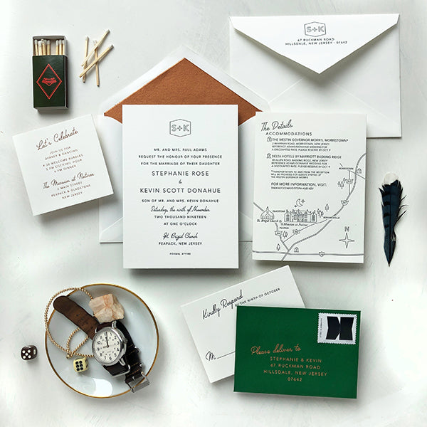 Copper Foil Green Luxury Wedding Invitation Modern Monogram Letterpress New Jersey
