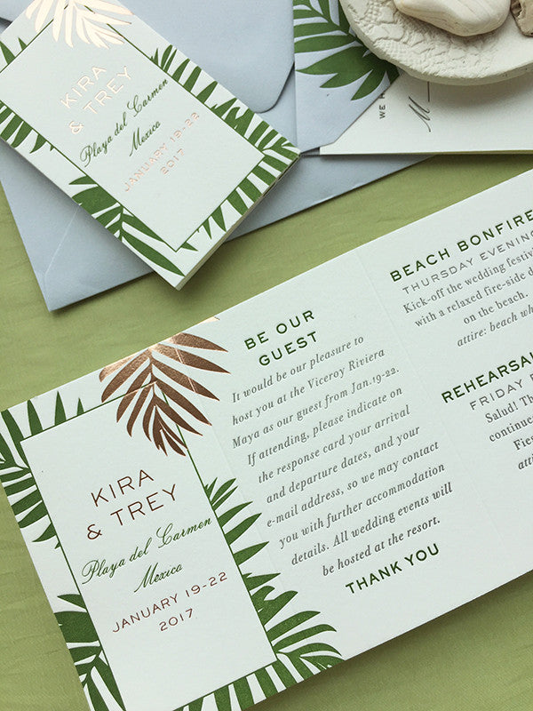 Wedding Week Itinerary Letterpress Rose Foil Tropical Destination