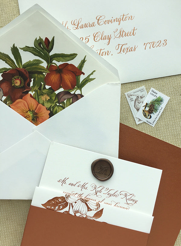 Fall Wedding Invitation Suite Letterpress Copper Foil Chocolate Florals