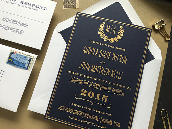 Gold Foil on Navy Wedding Invitation Julia Ideson Library