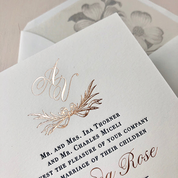 Rose Gold Roil Monogram Luxury Wedding Invitations Floral Envelope Liner