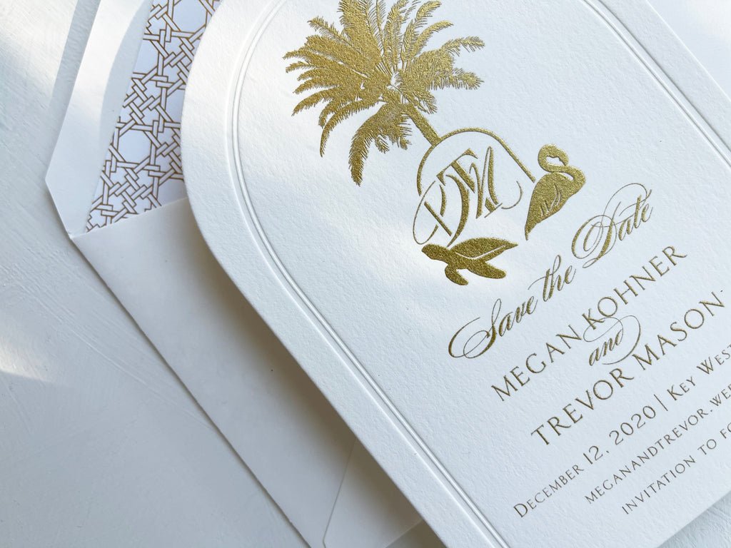 Luxury Engraved Save the Date Gold Tropical Wedding