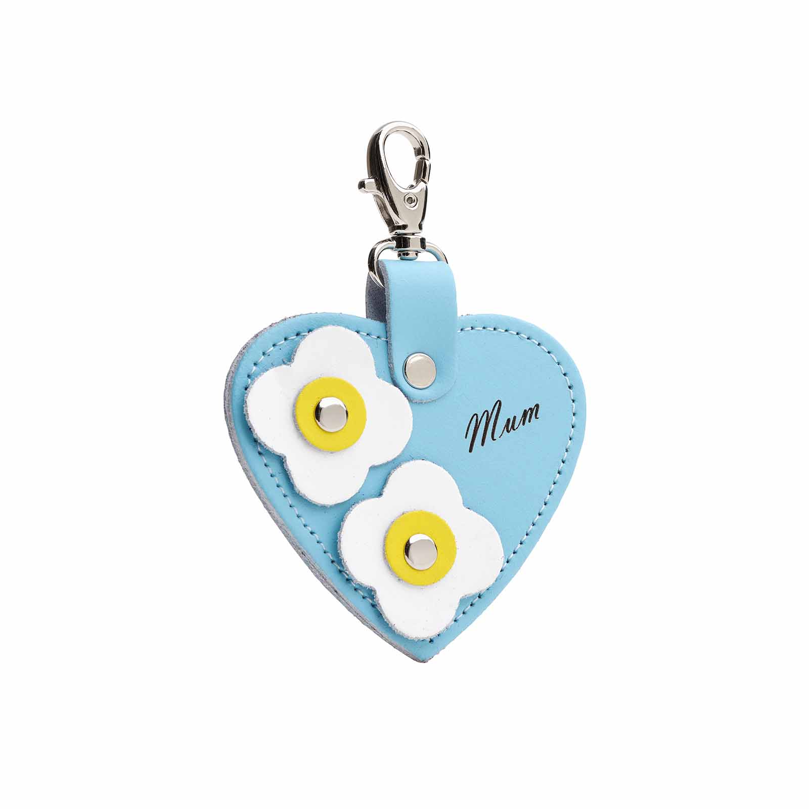Love heart bag charm - with ’Mum’ engraving and flower appliques - Pastel Blue