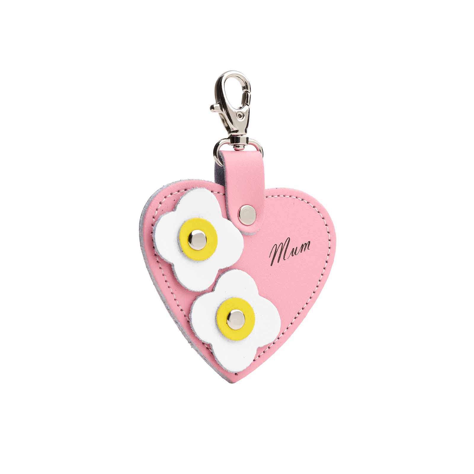 Love heart bag charm - with ’Mum’ engraving and flower appliques - Pastel Pink