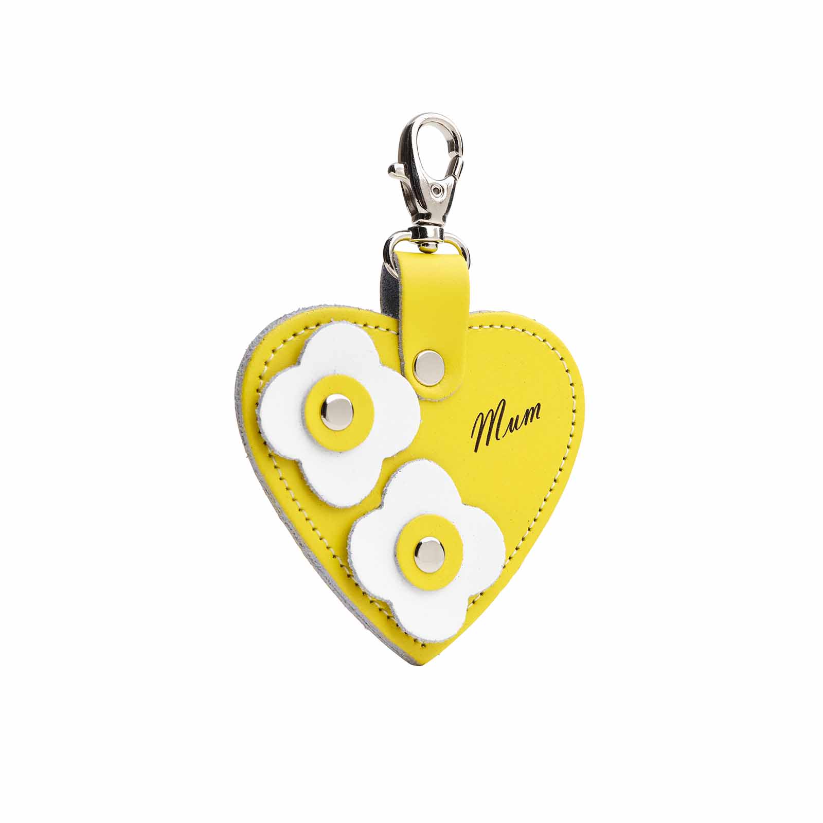Love heart bag charm - with ’Mum’ engraving and flower appliques - Pastel Yellow