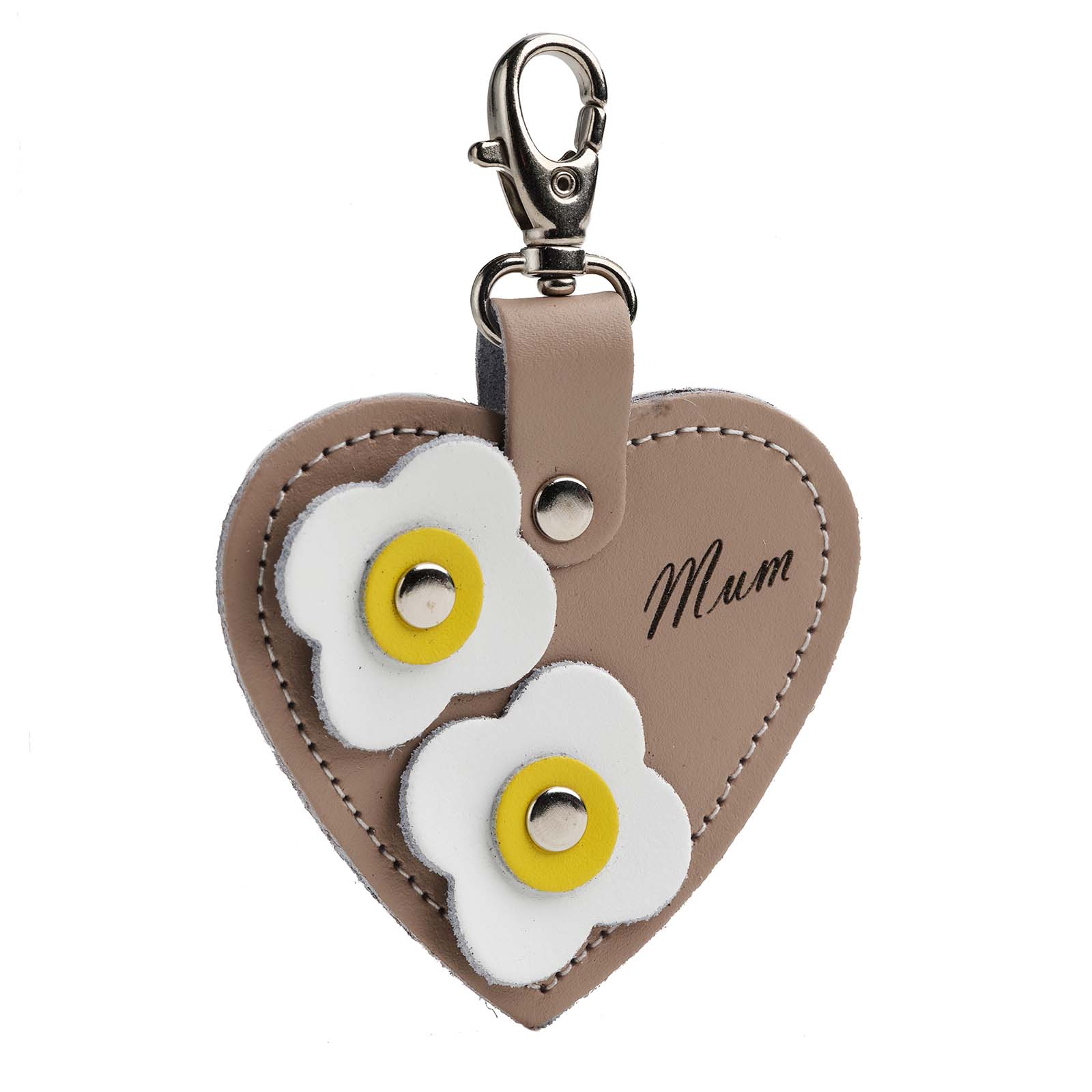 Love heart bag charm - with ’Mum’ engraving and flower appliques - Iced Coffee