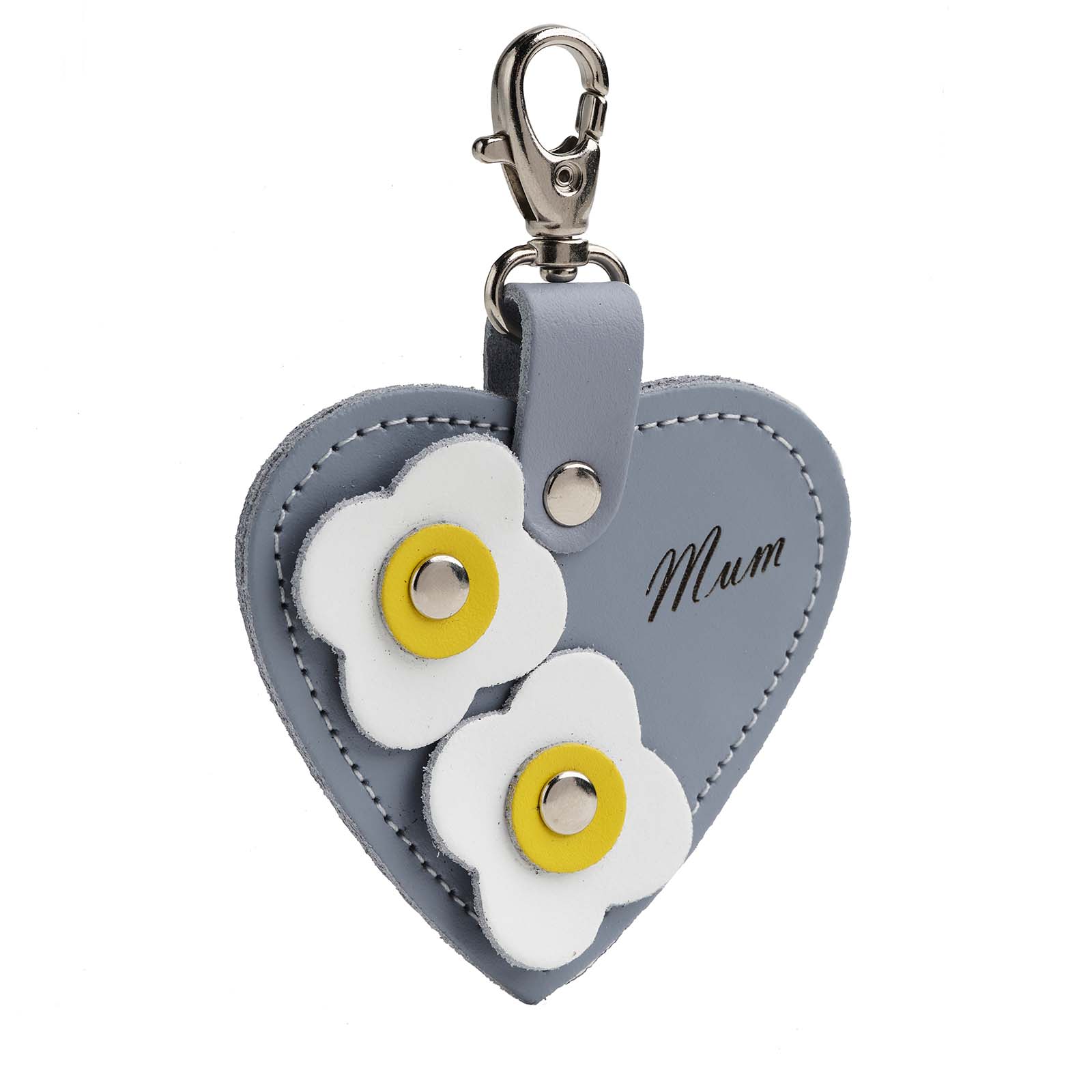 Love heart bag charm - with ’Mum’ engraving and flower appliques - Lilac Grey