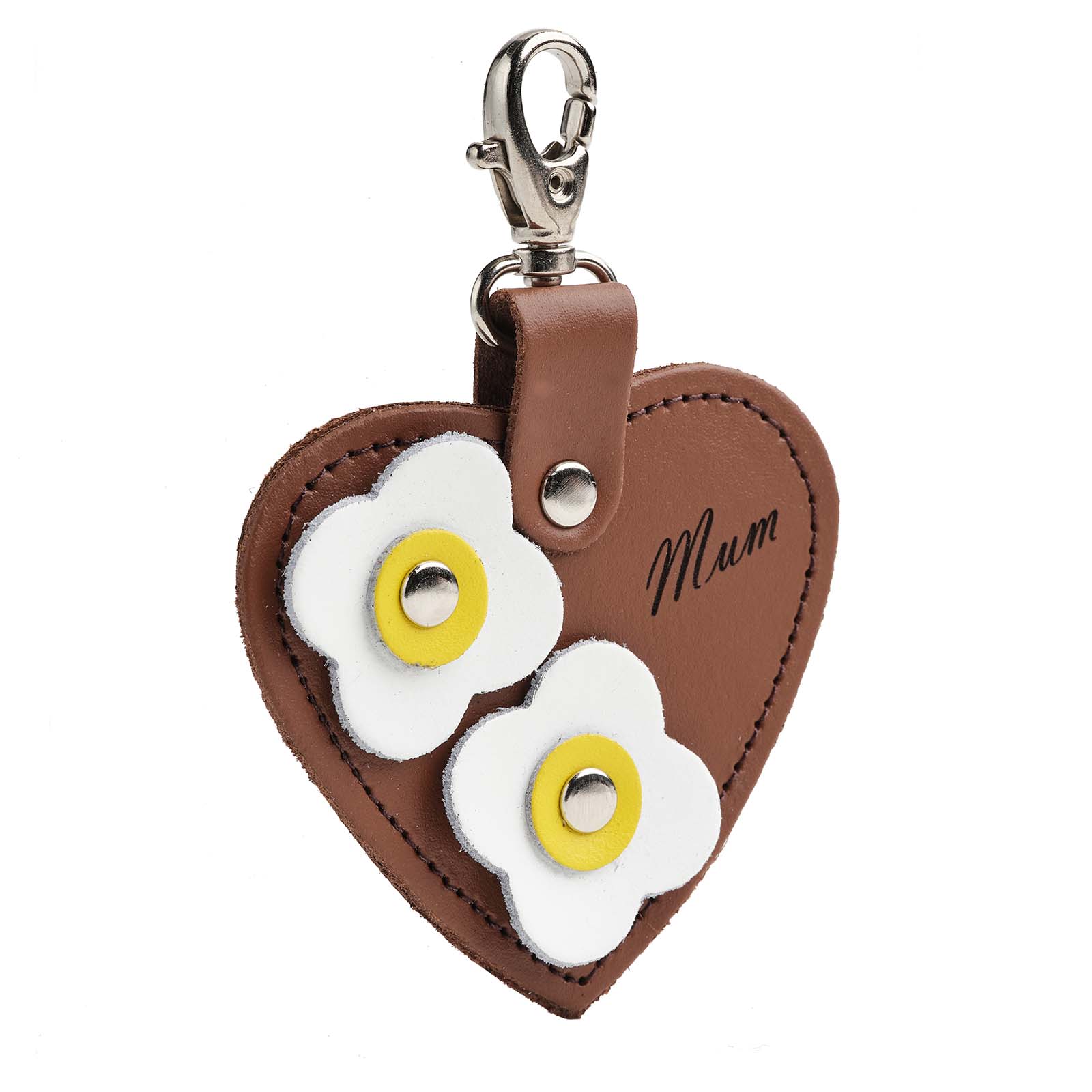 Love heart bag charm - with ’Mum’ engraving and flower appliques - Chestnut