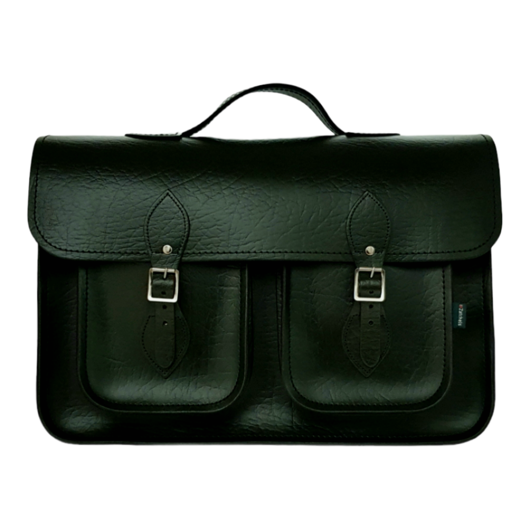 Twin Pocket Executive Handmade Leather Satchel - British Racing Green - 16"