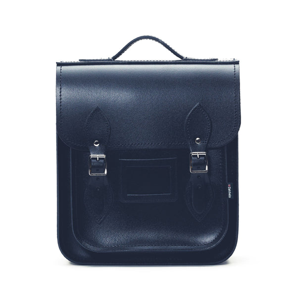 black leather satchel backpack on a white background