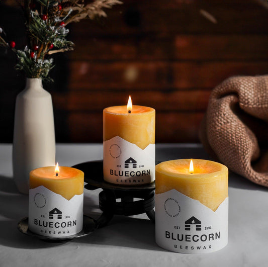 Beeswax Botanica Holiday Pillar Trio - Candles Scented with Essential –  Bluecorn Candles