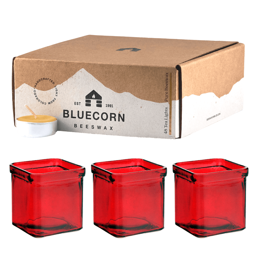 Beeswax Tea Lights & Red Glass Lanterns - Holiday Bundle