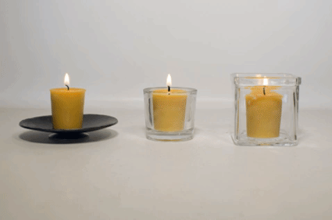 Gif depicts beeswax votives in three kinds of holders. Votive in the center, fitted holder, out-burns the others.