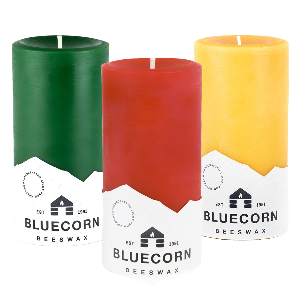 Holiday Beeswax Pillar Candle Trio - Raw&comma; Red & Moss