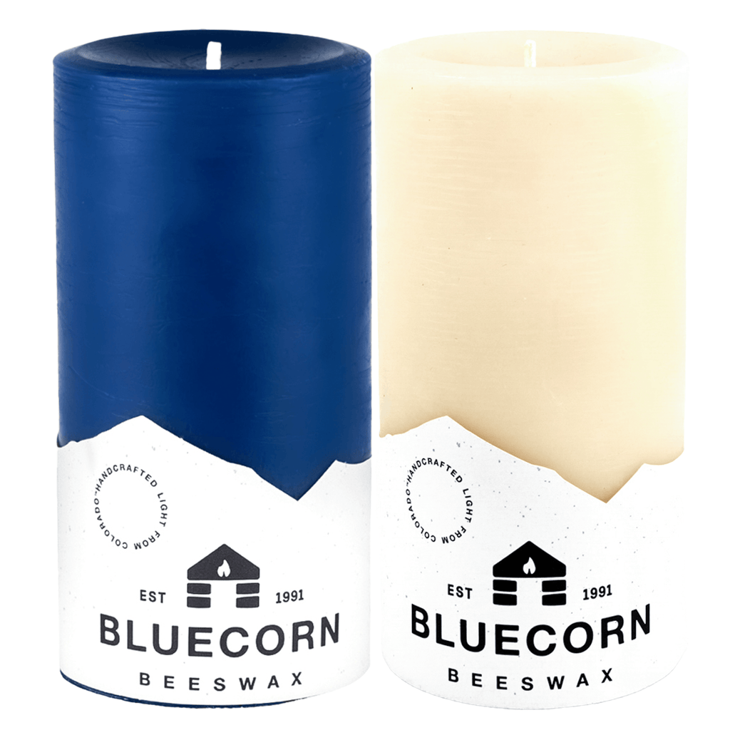 Winter Beeswax Pillar Candle Pair - Ivory & Blue