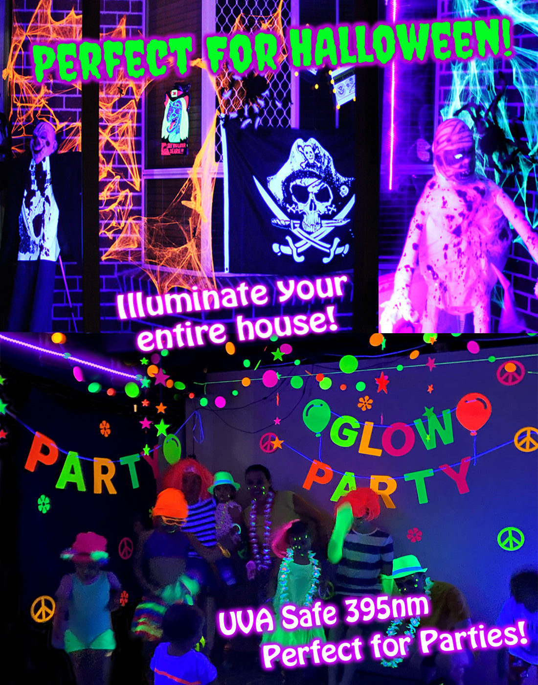 How to decorate a black light party - Black light LED glow party kits UV  ultra violet lights neon party in 2023