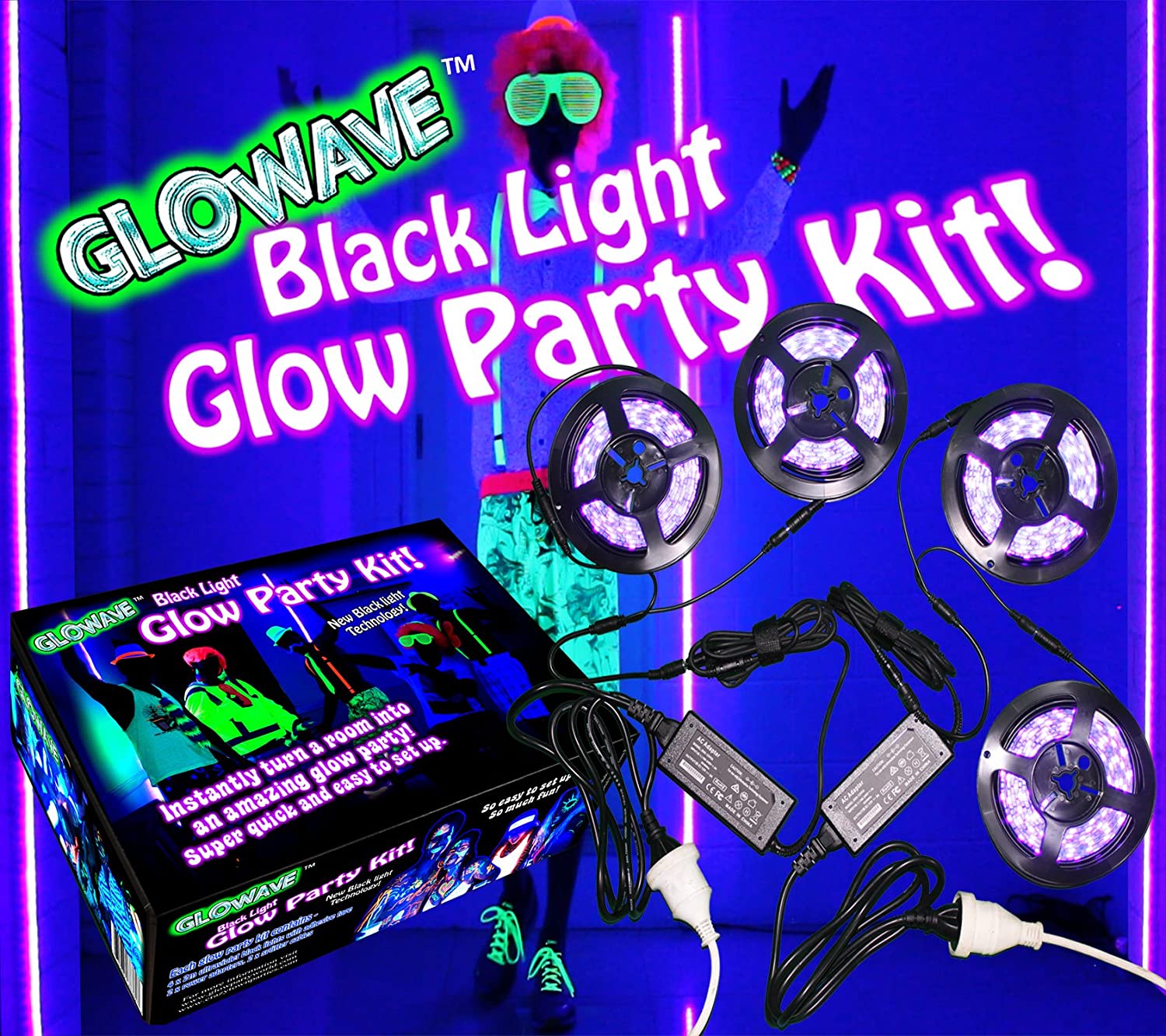 Black Light Glow Party Kit for Large Rooms 115W! 4 UV Blacklights LED Strips 12V