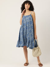Load image into Gallery viewer, Blue Floral A-Line Pure Cotton Dress

