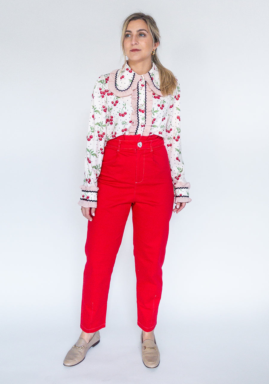 sister jane, high rise red trousers, hearts, heart-pockets, red pants, women's pants, women's apparel, fashion, ethically made, curate