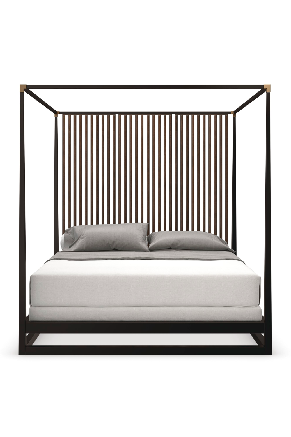 Image of Brown Wooden Canopy Bed | Caracole Pinstripe