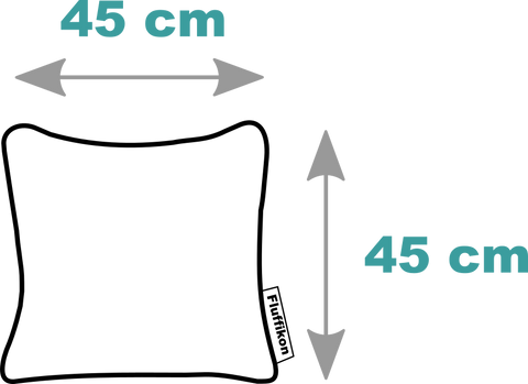 Sketch with measures of a 45x45 cm Fluffikon pillow.