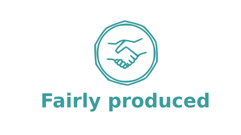 Logo saying "Fairly produced". Two hands shake each other.